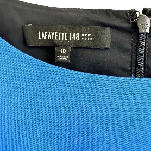 Lafayette 148 Sleeveless Sheath Dress Black Blue White Abstract Print Size 10 - Picture 3 of 5